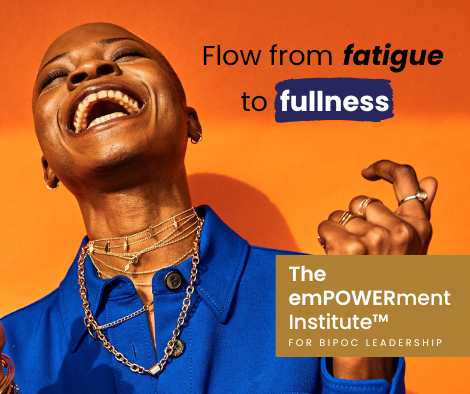 Black woman laughing with banner reading, flow from fatigue to fullness