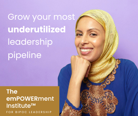 Woman with hijab smiling with text reading, grow your most underutilized leadership pipeline